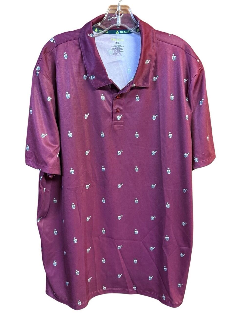 Tek Gear SPF 3 button /All over Golf print Men’s Polo shirt Sz XXL burgundy NWOT